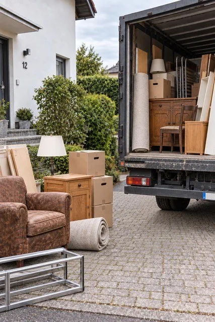 Umzugswagen wird vor einem Einfamilienhaus mit Möbeln und Kartons beladen